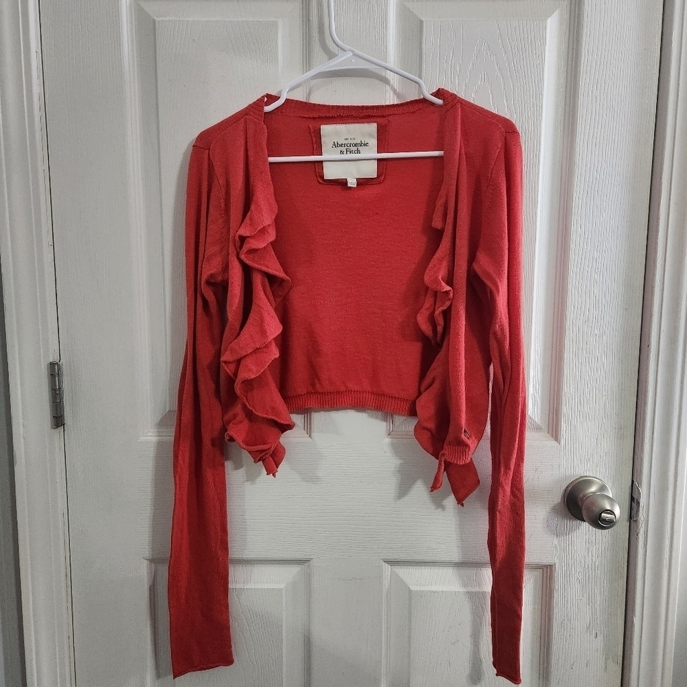 Abercrombie & Fitch vintage ruffle knit shrug cardigan coral 90s y2k stretch LG